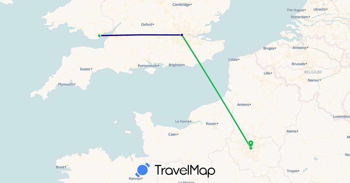 TravelMap itinerary: driving, bus, hiking in France, United Kingdom (Europe)
